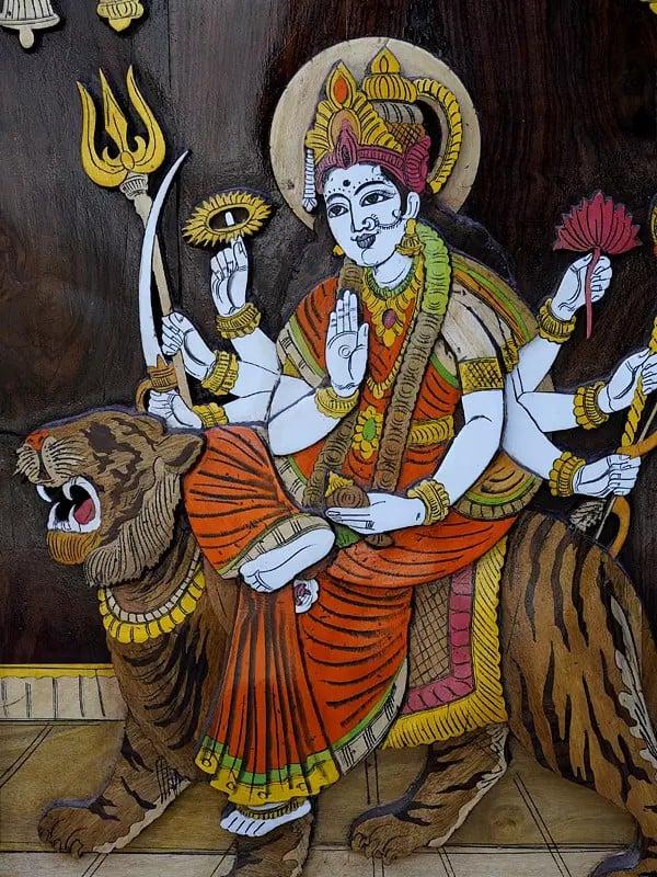 Exotic India 36" Goddess Durga (Sherawali Maa) | 3D Wall Panel In Rosewood With Inlay Work 