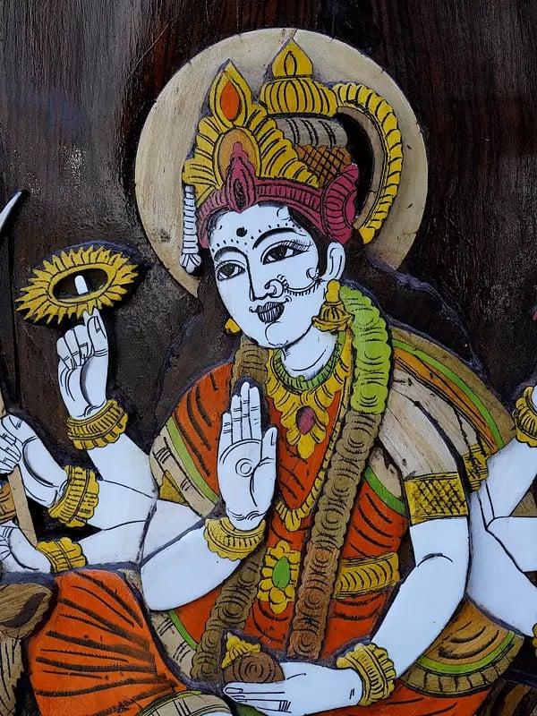 Exotic India 36" Goddess Durga (Sherawali Maa) | 3D Wall Panel In Rosewood With Inlay Work 