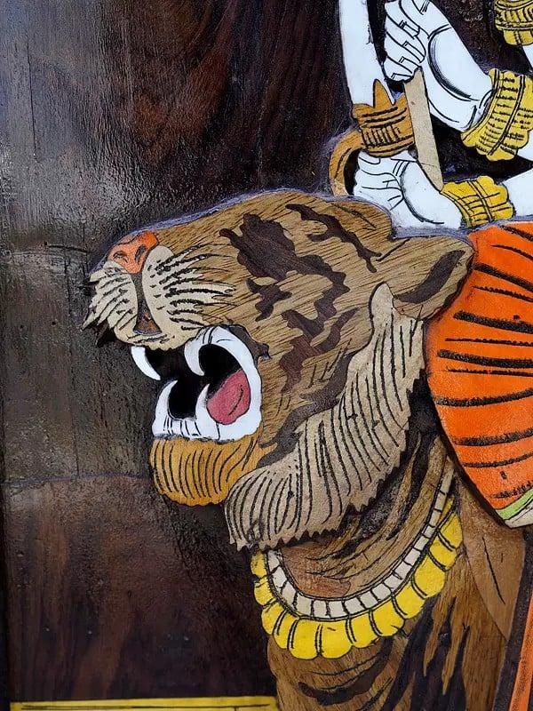 Exotic India 36" Goddess Durga (Sherawali Maa) | 3D Wall Panel In Rosewood With Inlay Work 