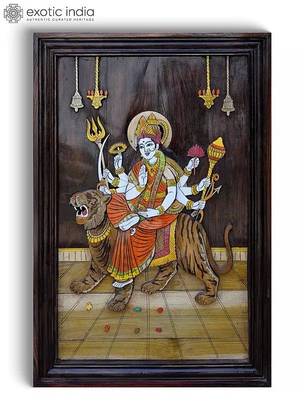 exotic india 36" Goddess Durga (Sherawali Maa) | 3D Wall Panel in Rosewood with Inlay Work 