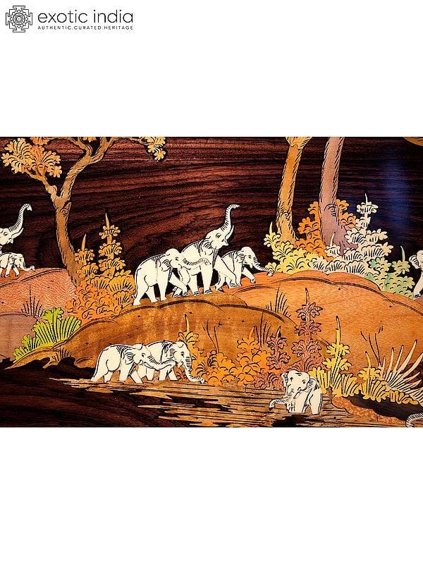 Exotic India 36" Happy Family Of Elephants | Natural Color On 3D Wood Painting With Inlay Work 