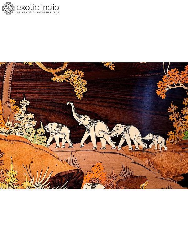 Exotic India 36" Happy Family Of Elephants | Natural Color On 3D Wood Painting With Inlay Work 