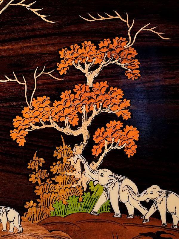 Exotic India 36" Happy Family Of Elephants | Natural Color On 3D Wood Painting With Inlay Work 