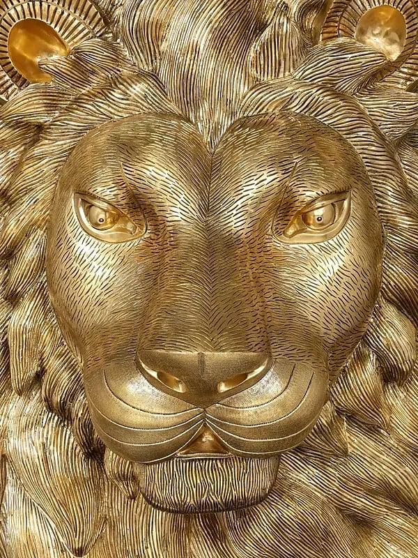 Exotic India 36" Large Brass Lion Face Wall Hanging | Home Decor 