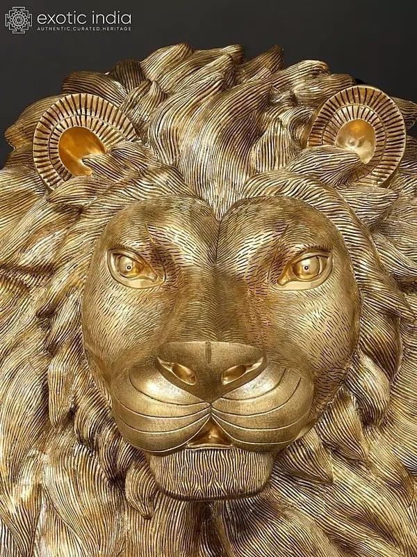 Exotic India 36" Large Brass Lion Face Wall Hanging | Home Decor 