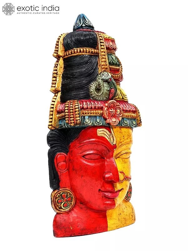 Exotic India 36" Large Colorful Ardhanarishvara Head | Wood Carving | Wall Hanging 