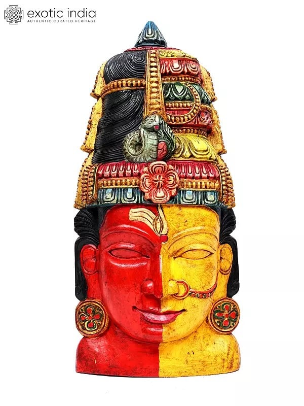 exotic india 36" Large Colorful Ardhanarishvara Head | Wood Carving | Wall Hanging 