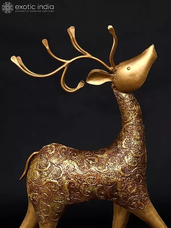 Exotic India 36" Large Decorative Iron Reindeer With Golden Finish | Home Decor 