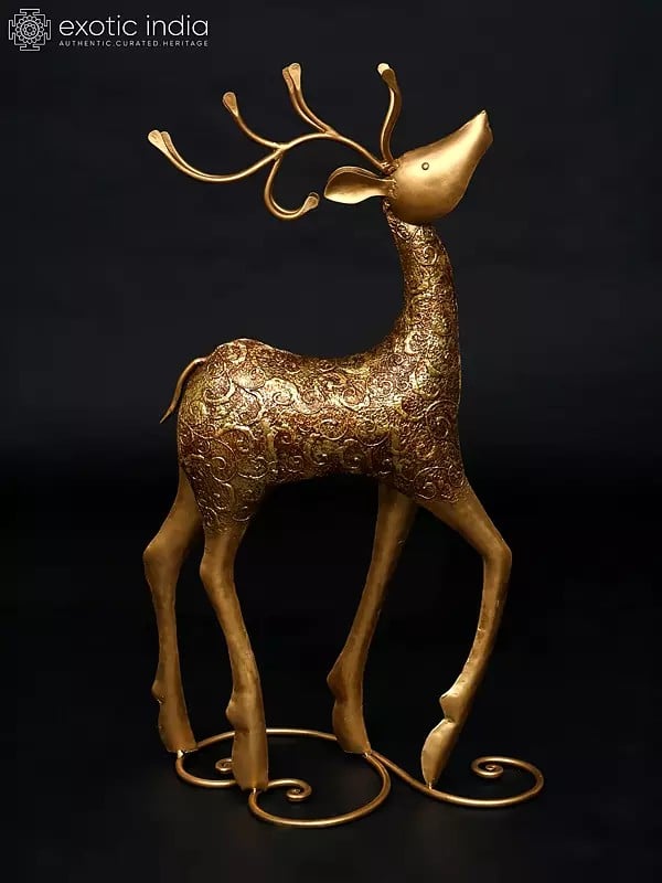Exotic India 36" Large Decorative Iron Reindeer With Golden Finish | Home Decor 