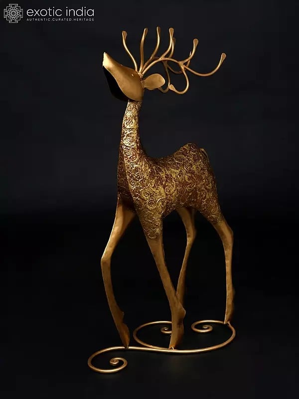 Exotic India 36" Large Decorative Iron Reindeer With Golden Finish | Home Decor 