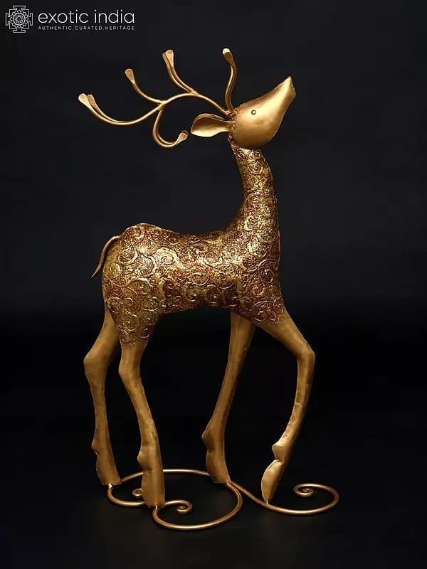exotic india 36" Large Decorative Iron Reindeer with Golden Finish | Home Decor 