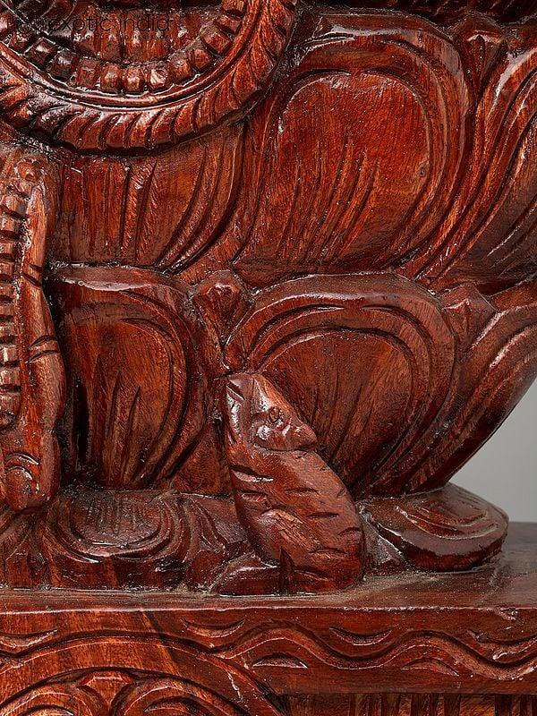 Exotic India 36" Large Four Armed Lord Ganesha Seated On Lotus | Wood Carving 