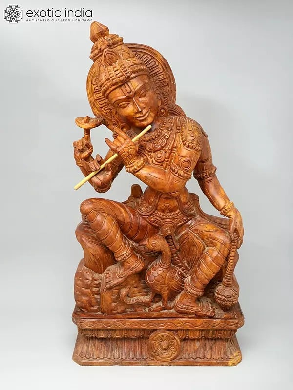 exotic india 36" Large Four Armed Sitting Lord Krishna Playing Flute | Wood Carving 