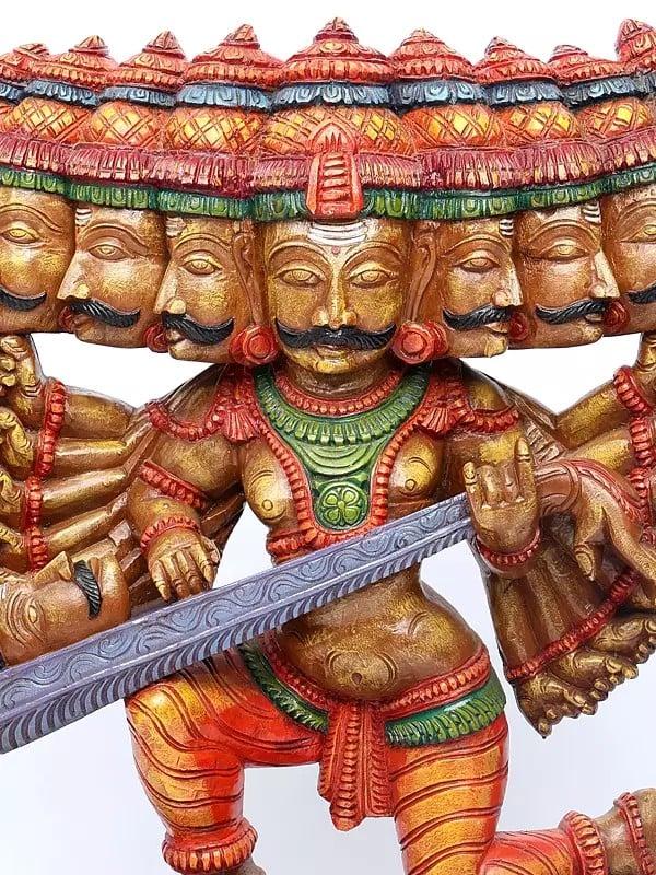 Exotic India 36" Large Ravana Offering Tenth Head As A Veena To Bhagawan Shiva | Wood Carved Statue 