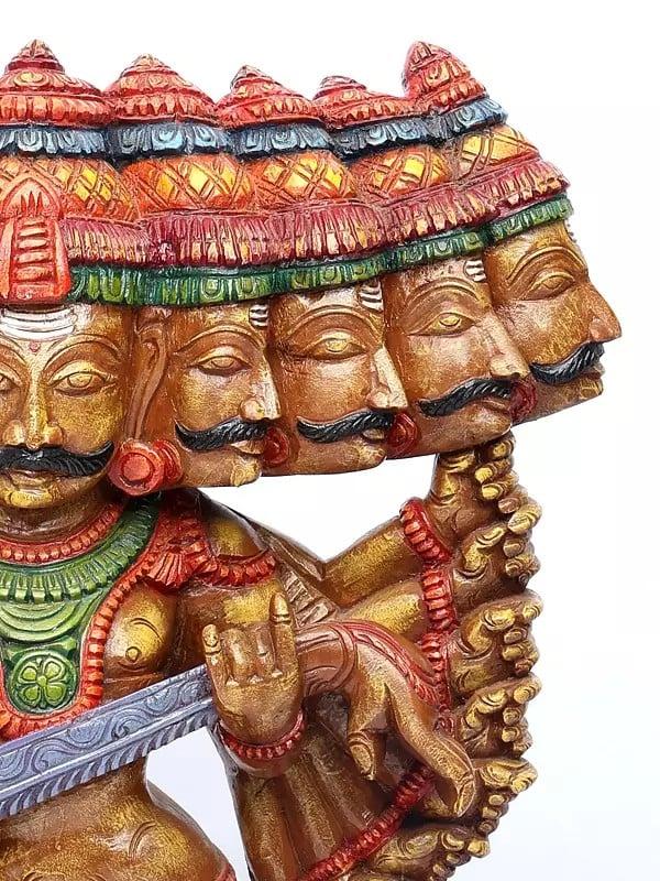 Exotic India 36" Large Ravana Offering Tenth Head As A Veena To Bhagawan Shiva | Wood Carved Statue 