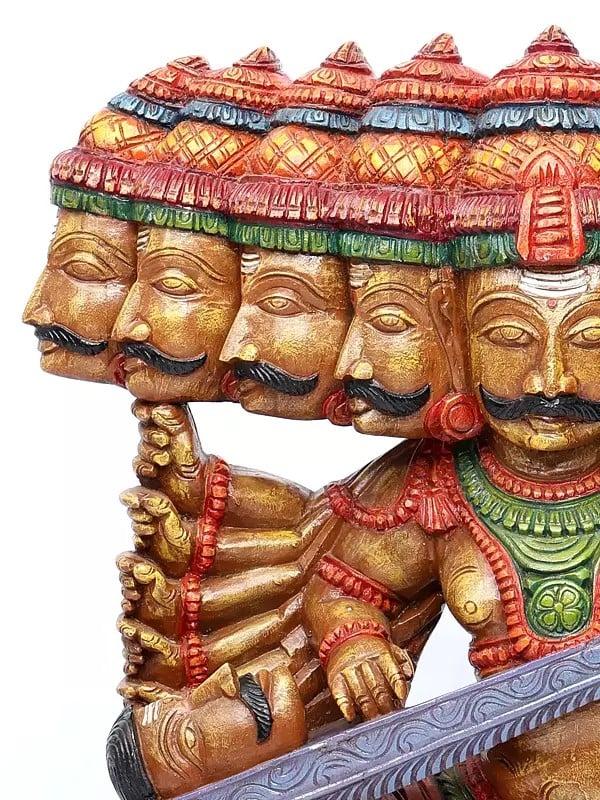 Exotic India 36" Large Ravana Offering Tenth Head As A Veena To Bhagawan Shiva | Wood Carved Statue 