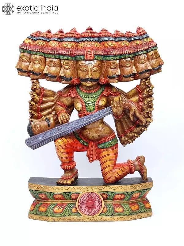 exotic india 36" Large Ravana Offering Tenth Head as a Veena to Bhagawan Shiva | Wood Carved Statue 