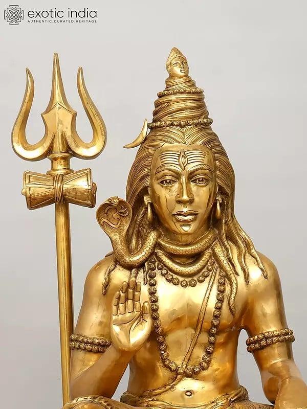 Exotic India 36" Large Sitting Lord Shiva In Blessing Gesture | Brass Statue 