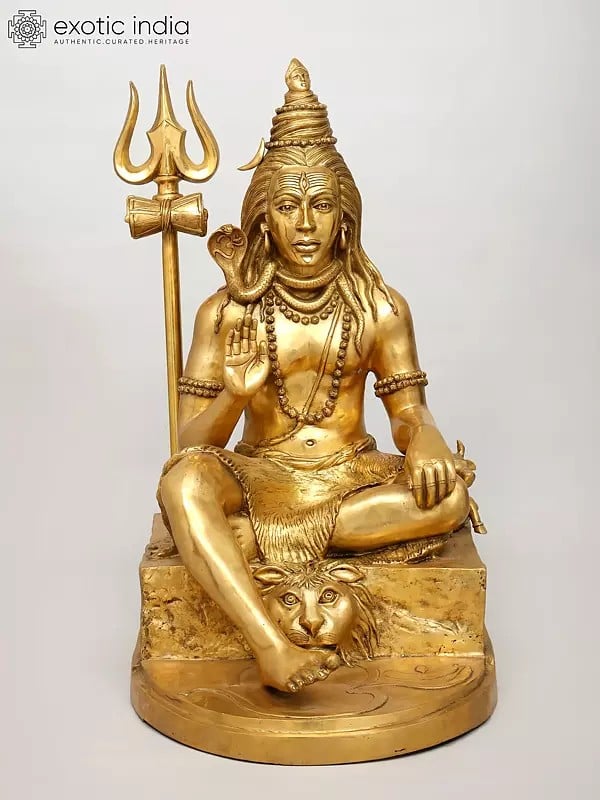 exotic india 36" Large Sitting Lord Shiva in Blessing Gesture | Brass Statue 