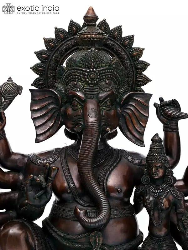 Exotic India 36" Large Size Ten Armed Mahaganapati | Brass Statue 