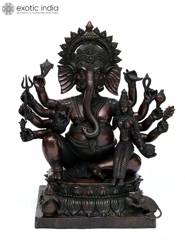 exotic india 36" Large Size Ten Armed Mahaganapati | Brass Statue 