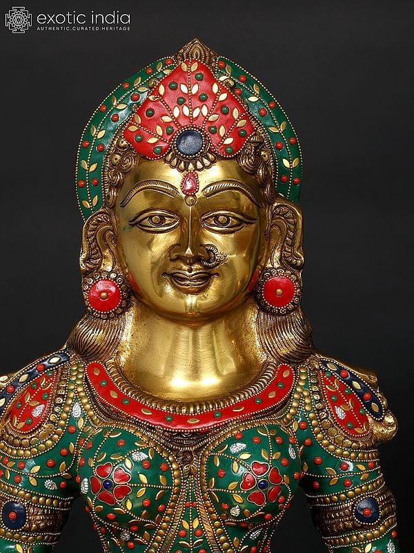 Exotic India 36" Large Standing Deep Lakshmi Pair | Brass Statues With Inlay Work 