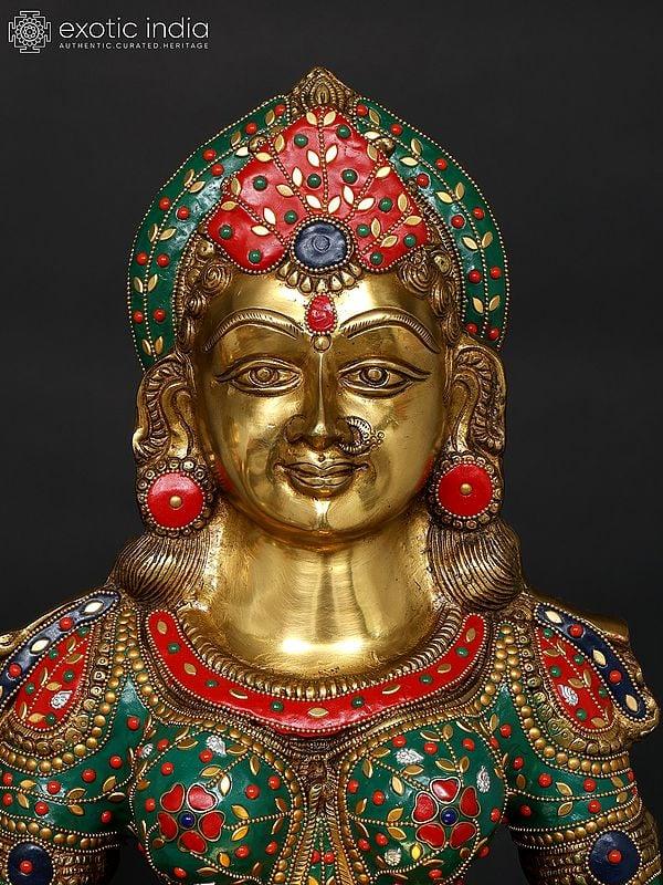 Exotic India 36" Large Standing Deep Lakshmi Pair | Brass Statues With Inlay Work 