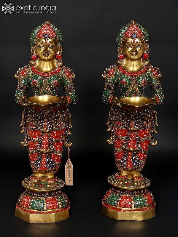 exotic india 36" Large Standing Deep Lakshmi Pair | Brass Statues with Inlay Work 