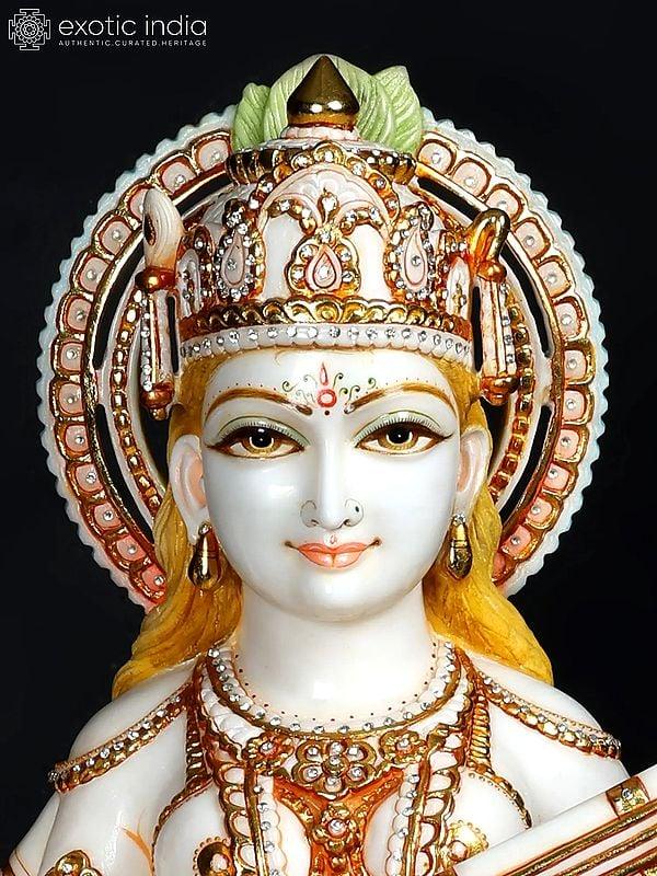 Exotic India 36" Large Standing Goddess Saraswati Playing Veena | White Marble Statue 