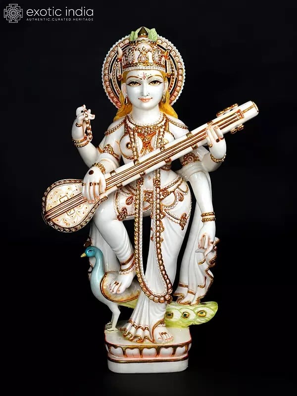 exotic india 36" Large Standing Goddess Saraswati Playing Veena | White Marble Statue 