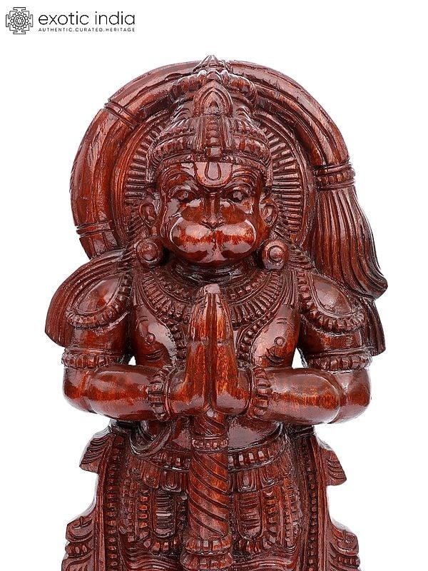 Exotic India 36" Large Standing Lord Hanuman In Namaskar Gesture | Wood Carving 