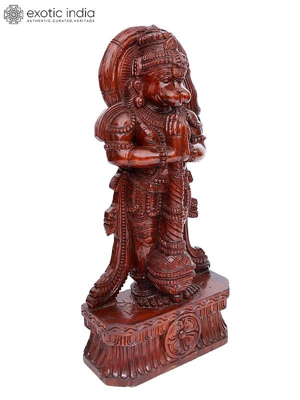 Exotic India 36" Large Standing Lord Hanuman In Namaskar Gesture | Wood Carving 