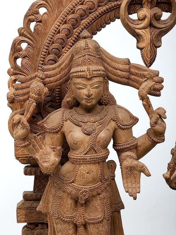Exotic India 36" Large Standing Shiva Parvati On Kirtimukha Throne | Wood Carving | Antique Design 