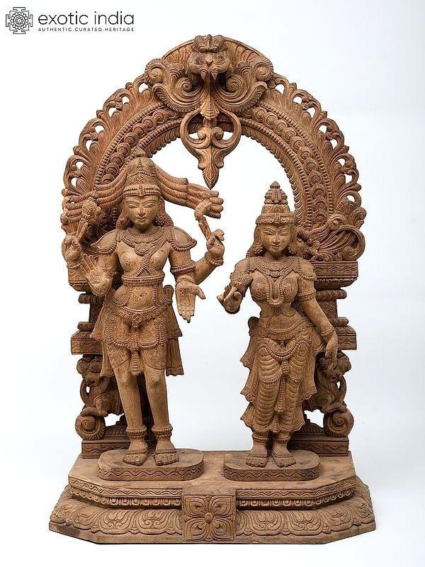 exotic india 36" Large Standing Shiva Parvati on Kirtimukha Throne | Wood Carving | Antique Design 