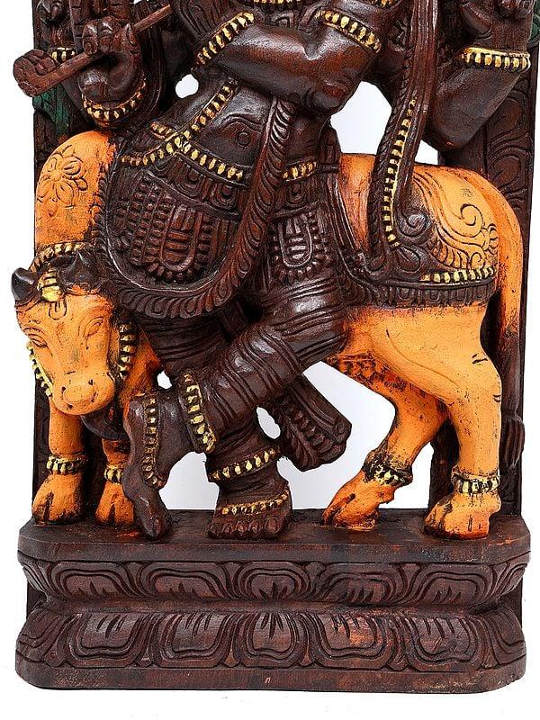 Exotic India 36" Large Venugopal Krishna | Wood Carved Statue Plus Wall Hanging 