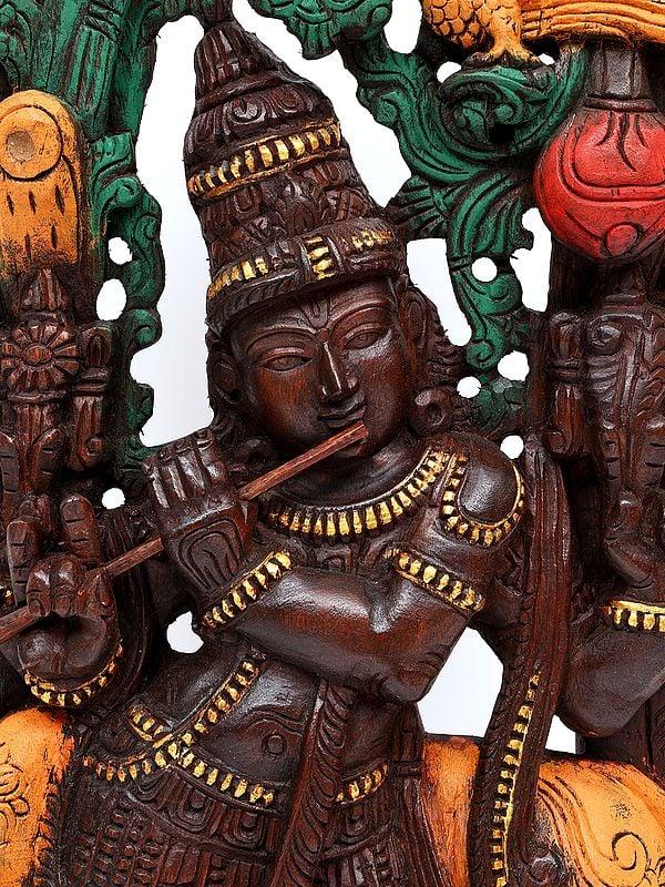 Exotic India 36" Large Venugopal Krishna | Wood Carved Statue Plus Wall Hanging 