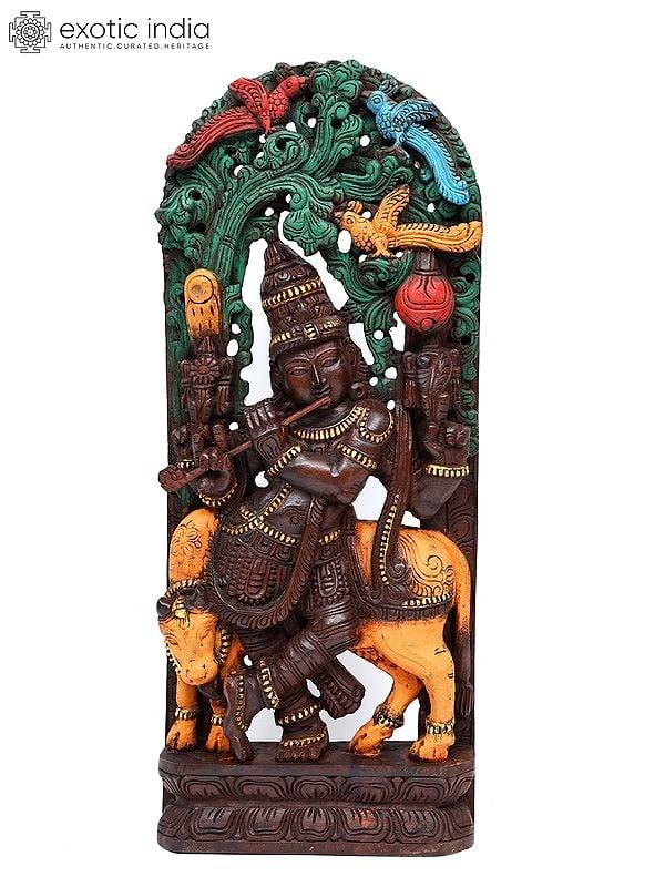exotic india 36" Large Venugopal Krishna | Wood Carved Statue Plus Wall Hanging 
