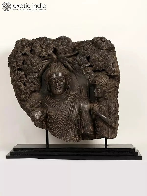 Exotic India 36" Lord Buddha With Attendant On Wooden Base | Black Stone Statue 