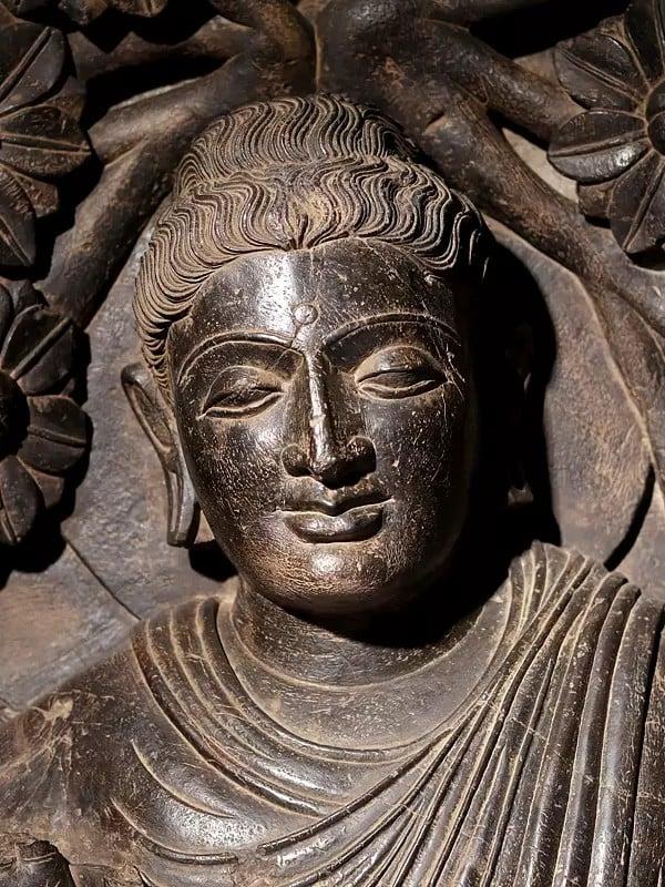 Exotic India 36" Lord Buddha With Attendant On Wooden Base | Black Stone Statue 