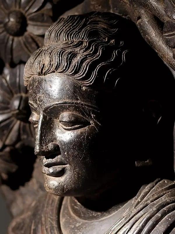 Exotic India 36" Lord Buddha With Attendant On Wooden Base | Black Stone Statue 