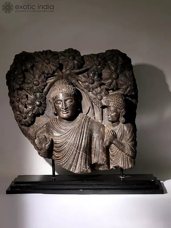 exotic india 36" Lord Buddha with Attendant on Wooden Base | Black Stone Statue 