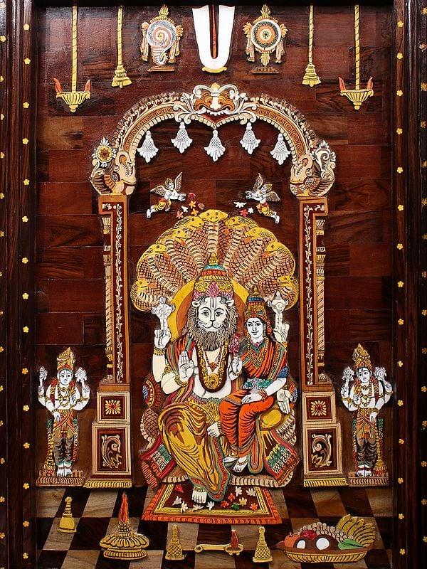 Exotic India 36" Lord Narsimha With Goddess Lakshmi | Natural Color On 3D Wood Painting With Inlay Work 