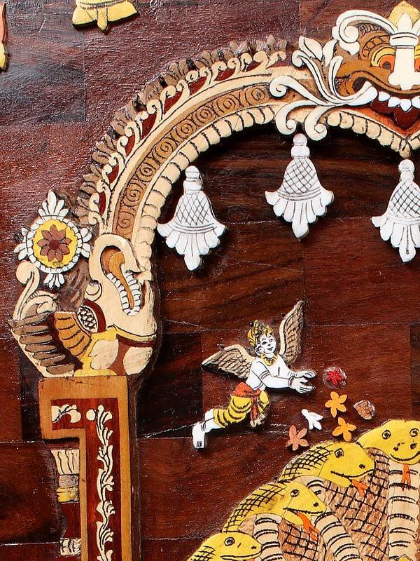 Exotic India 36" Lord Narsimha With Goddess Lakshmi | Natural Color On 3D Wood Painting With Inlay Work 