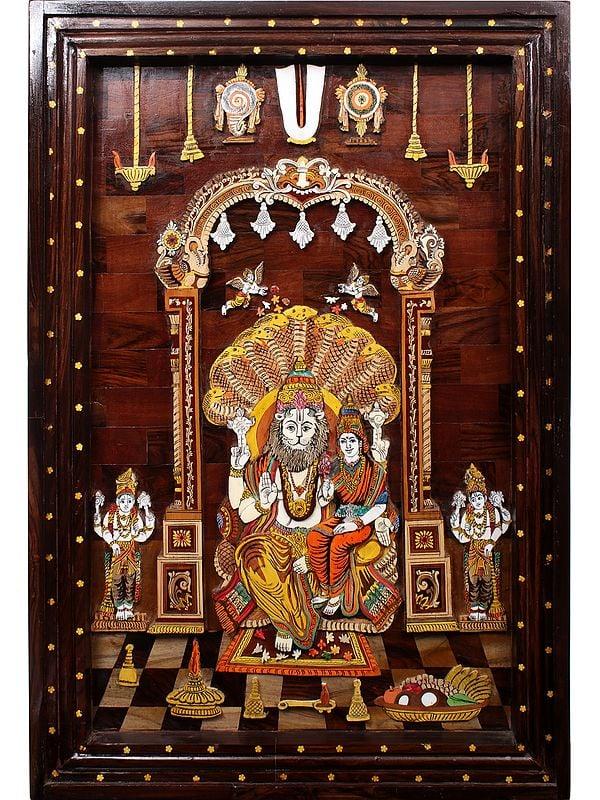 exotic india 36" Lord Narsimha With Goddess Lakshmi | Natural Color On 3D Wood Painting With Inlay Work 