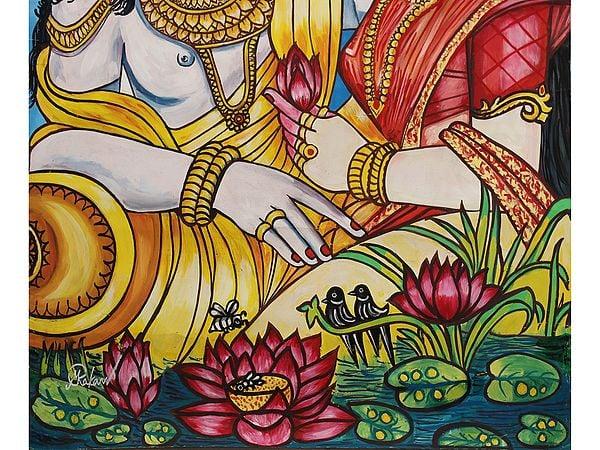 Exotic India 36" Radha Krishna Painting | Water Color On Canvas 