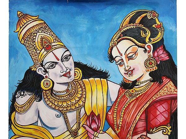 Exotic India 36" Radha Krishna Painting | Water Color On Canvas 