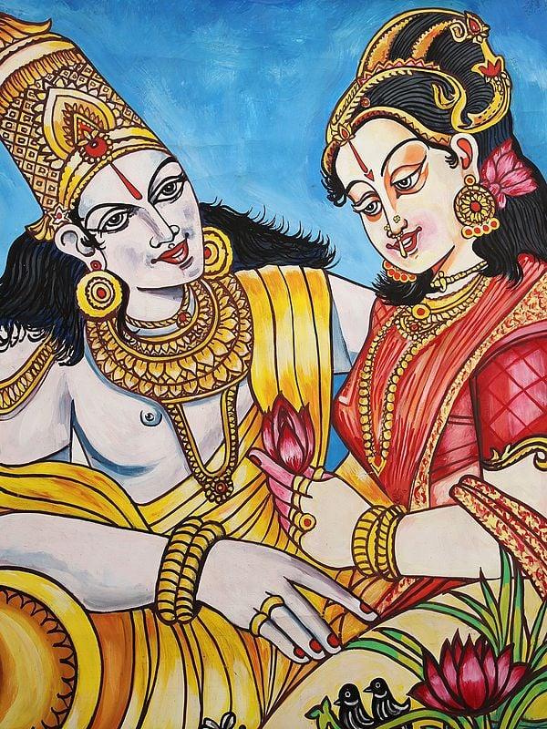 Exotic India 36" Radha Krishna Painting | Water Color On Canvas 