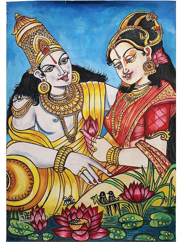 exotic india 36" Radha Krishna Painting | Water Color on Canvas 