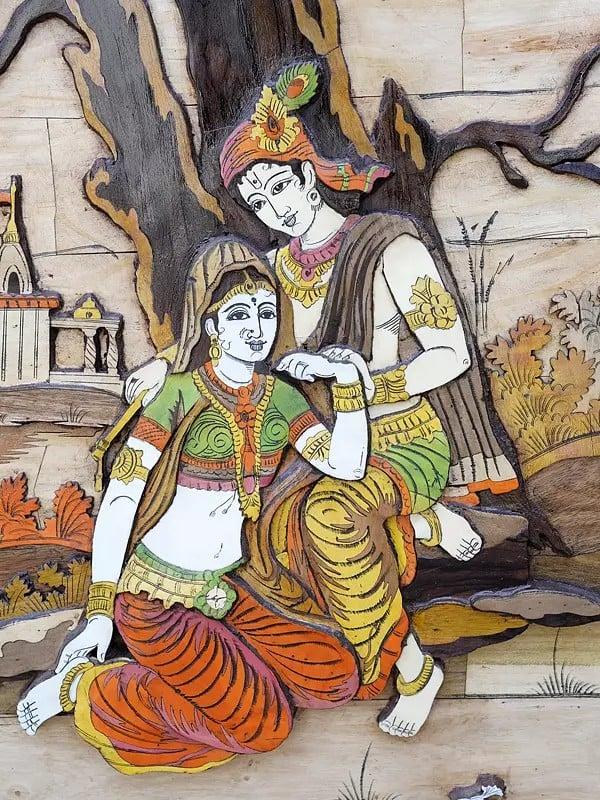 Exotic India 36" Radha Krishna Seated Under The Tree | 3D Wall Panel In Rosewood With Inlay Work 