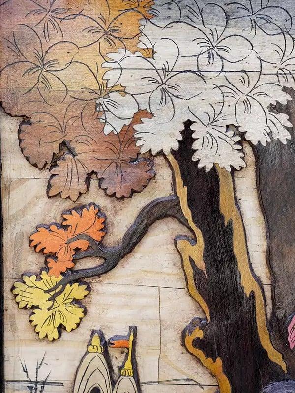 Exotic India 36" Radha Krishna Seated Under The Tree | 3D Wall Panel In Rosewood With Inlay Work 